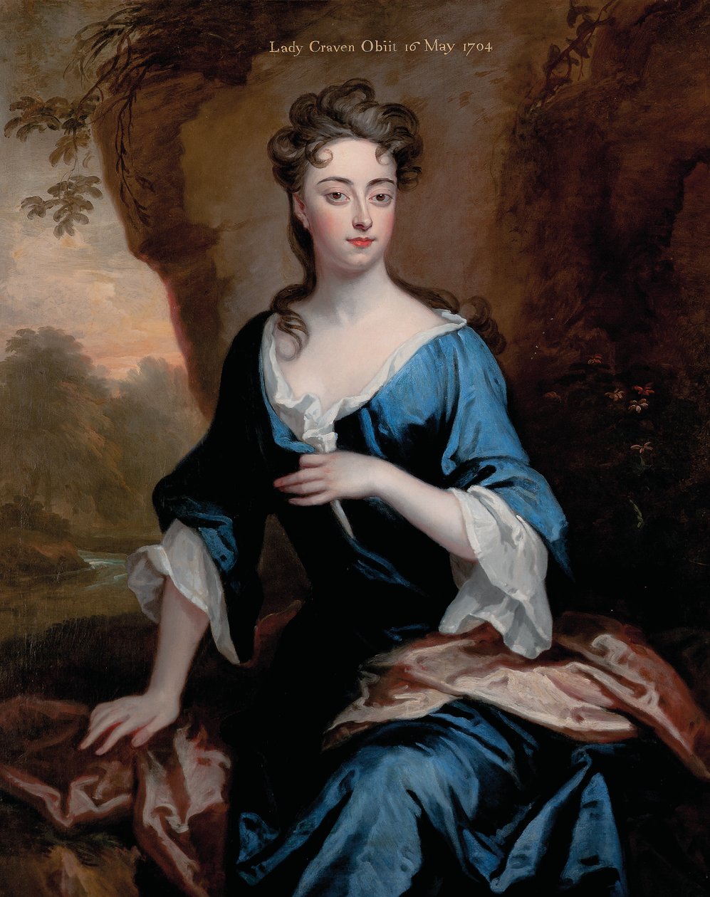 Erzsébet Skipwith portréja, Lady Craven, háromnegyed hosszú, kék ruhában, piros kendőben, erdős folyón túl, 1704 alkotó: Godfrey Kneller