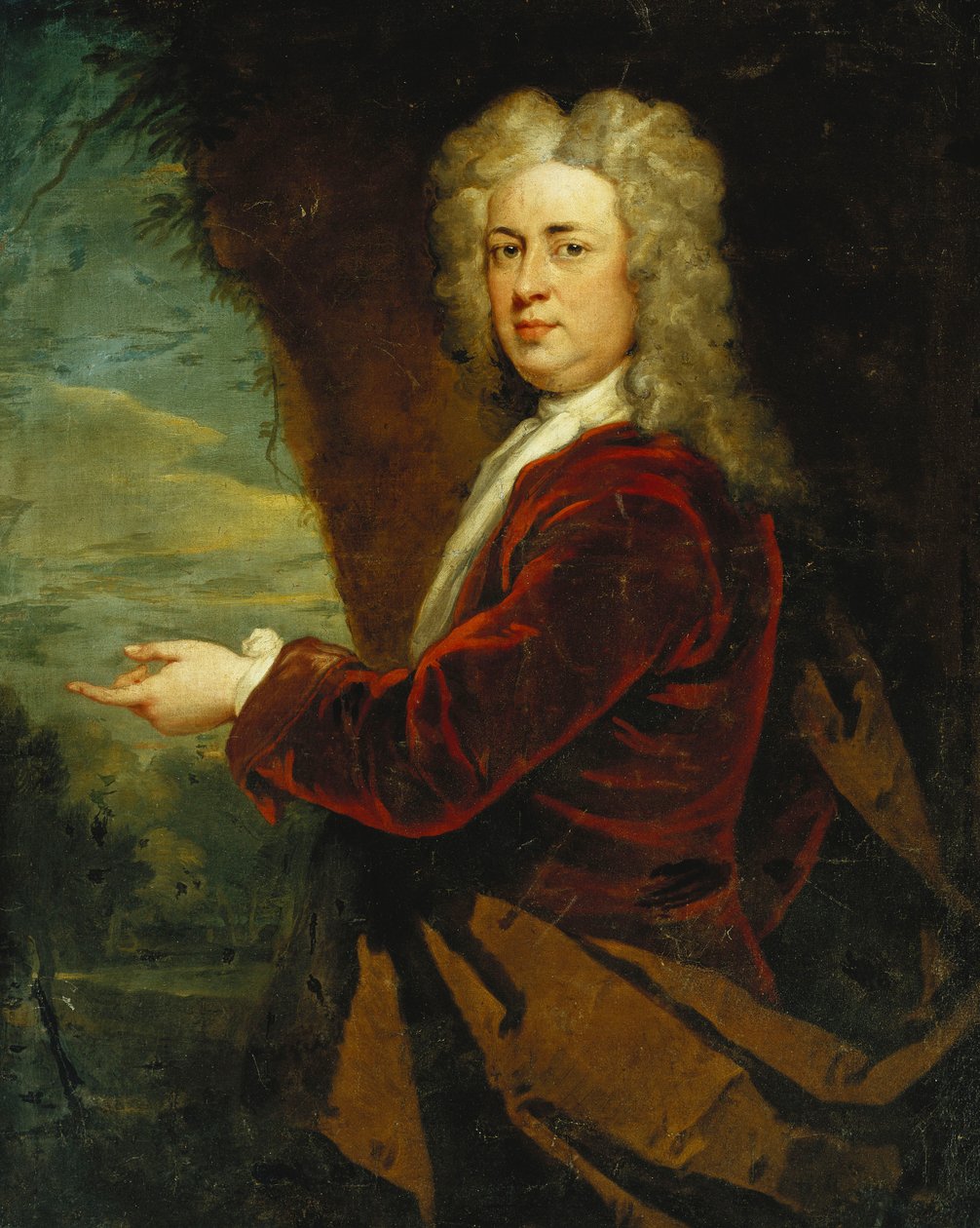 Egy úriember portréja, félhosszában állva, vörös bársonykabátot és barna köpenyt visel a parkban, alkotó: Godfrey Kneller