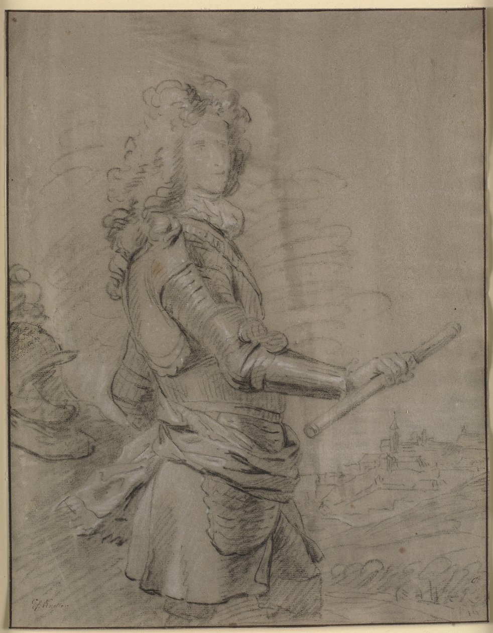 Páncélos, bottal a jobb kezében parancsnok háromnegyedes portréja. A háttérben egy táj egy várossal alkotó: Godfrey Kneller