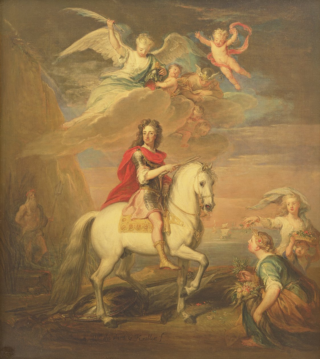 III. Vilmos egy szürke töltőn, amelyet a Neptunusz, a Ceres és a Flora figyelt meg. Merkúr az égen és Astrea alkotó: Godfrey Kneller