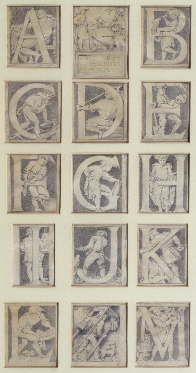 A-M, tizenhárom betűs terv a South Kensington Múzeum ábécéjéhez, 1864 (ceruza és szürke mosás) alkotó: Godfrey Sykes