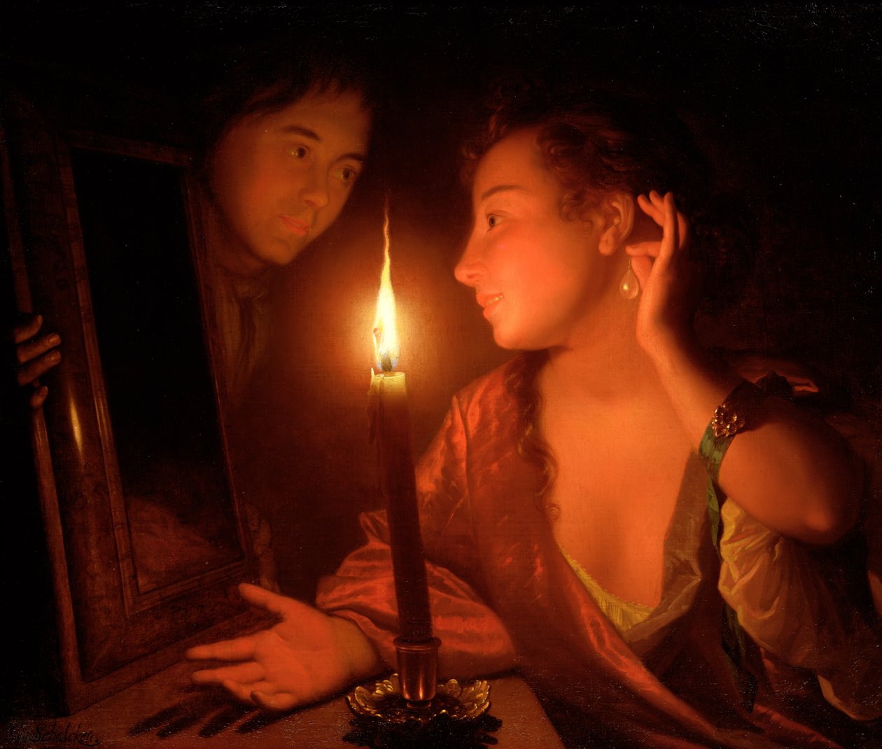 Egy hölgy gyertyafénynél gyönyörködik egy fülbevalóban alkotó: Godfried Schalcken