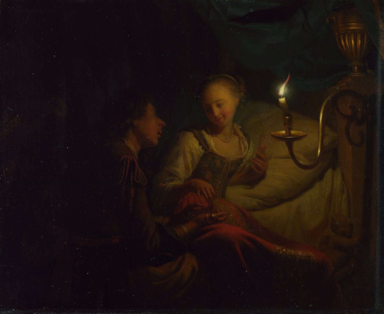 Gyertyafényes jelenet. Egy férfi aranyláncot és érméket kínál egy ágyon ülő lánynak, kb. 1665-1667 alkotó: Godfried Cornelisz Schalcken