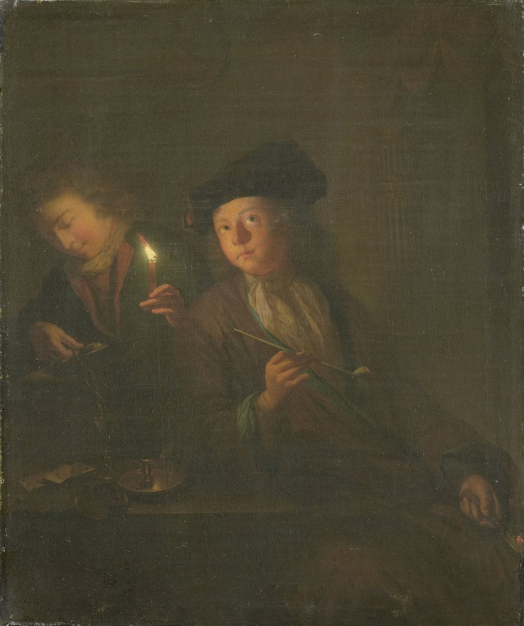 A dohányos (Egy férfi pipával és egy férfi, aki italt tölt a pohárba) alkotó: Godfried Schalcken (attributed to)