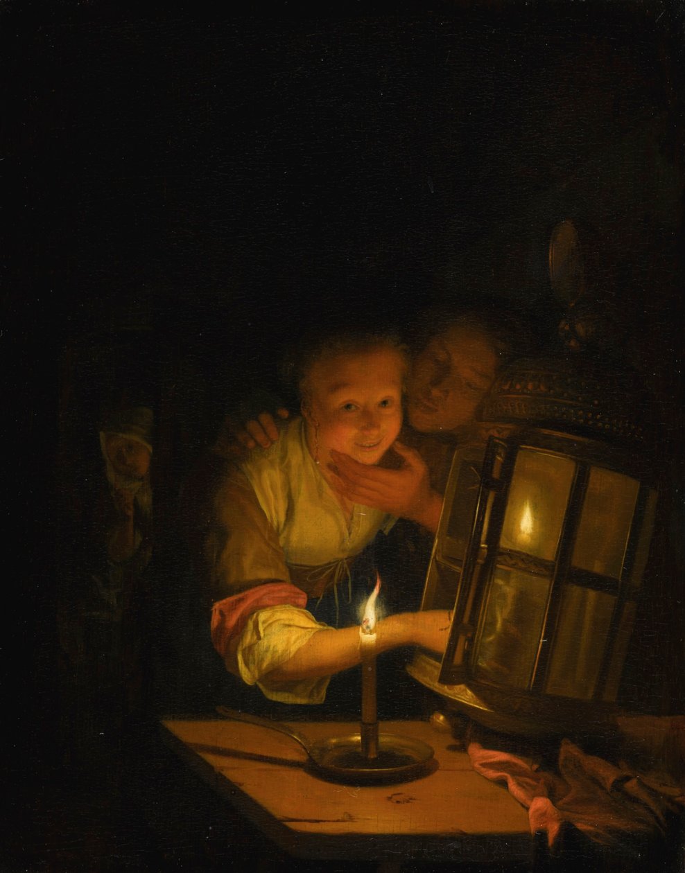 Egy szerelmespár, akit lámpagyújtáson kaptak alkotó: Godfried Schalcken