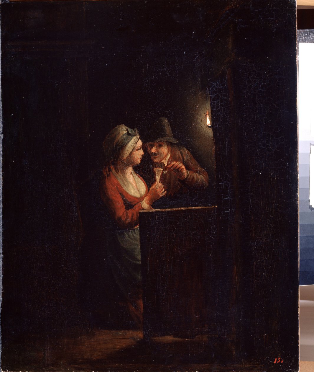 Egy férfi és egy nő gyertyafénynél. Godfried Cornelisz Schalcken (1643-1706) festménye. Olaj, vászon, 31 x 25 cm. holland művészet, barokk művészet. Állami Szabadtéri Múzeum Palace Gatchina, Szentpétervár. alkotó: Godfried Schalcken