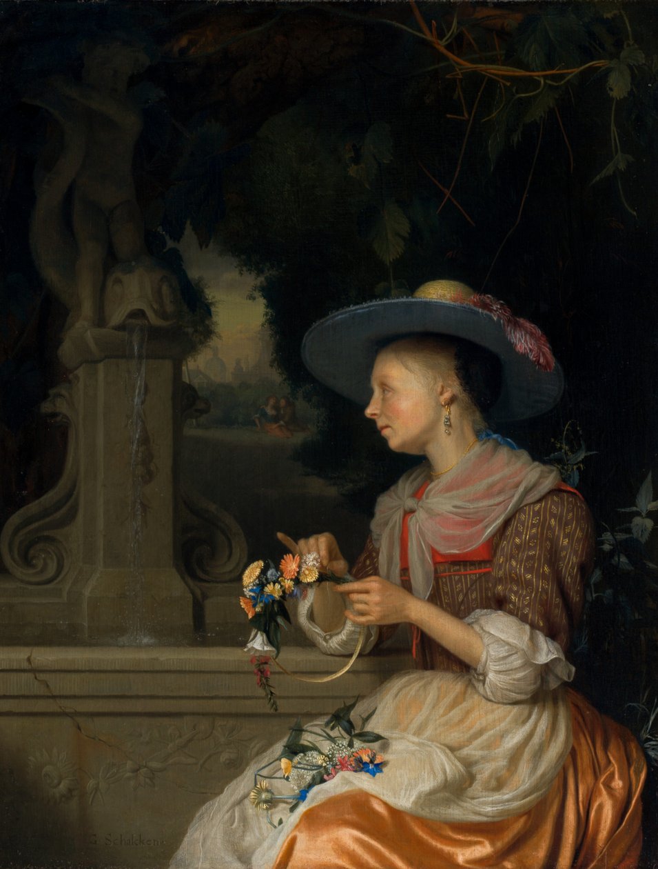 Virágkoronát fonó nő, c. 16751680. alkotó: Godfried Schalcken