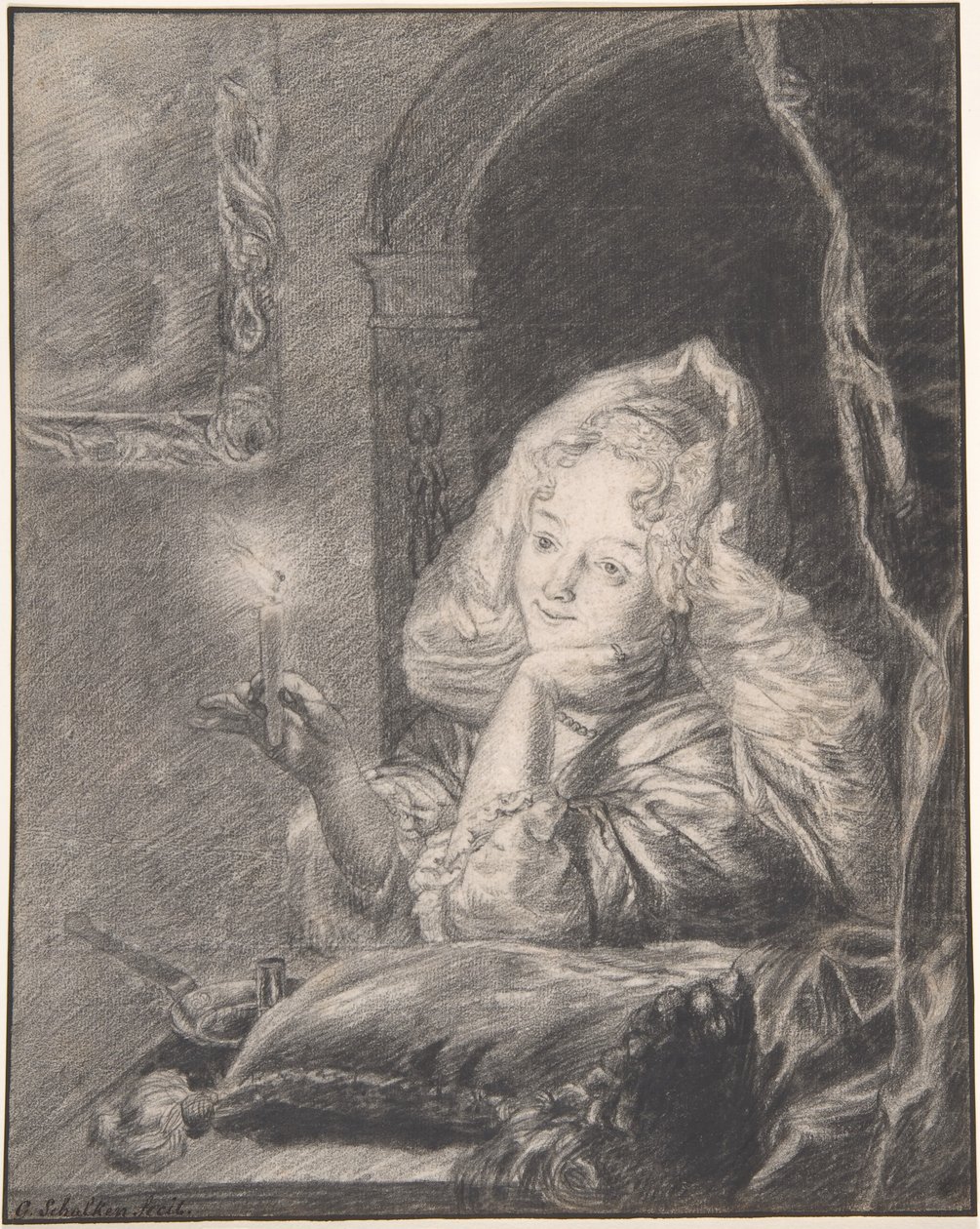 Asztalnál ülő fiatal nő, kezében gyertyával alkotó: Godfried Schalcken