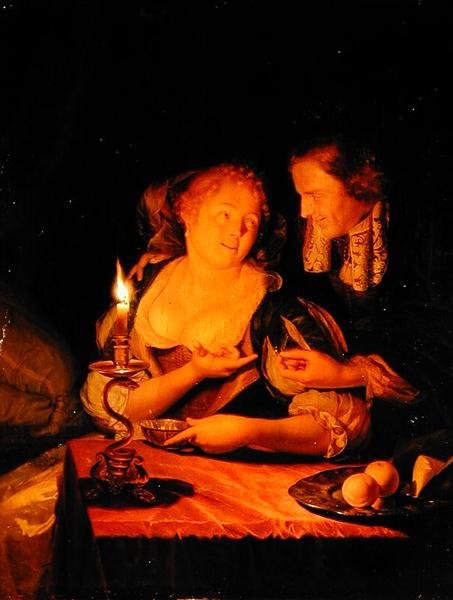 Egy úriember gyűrűt ajánl egy hölgynek (olaj a panelen) alkotó: Godfried Schalcken