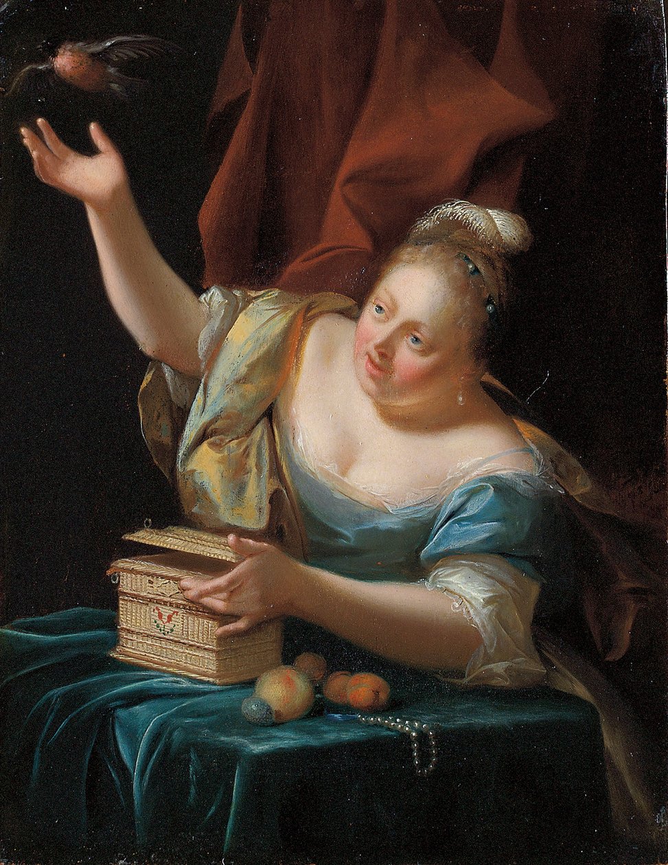 Egy nő, díszes jelmezben ül az asztal mellett, és kiszabadít egy énekesmadarat a ketrecéből alkotó: Godfried Schalcken