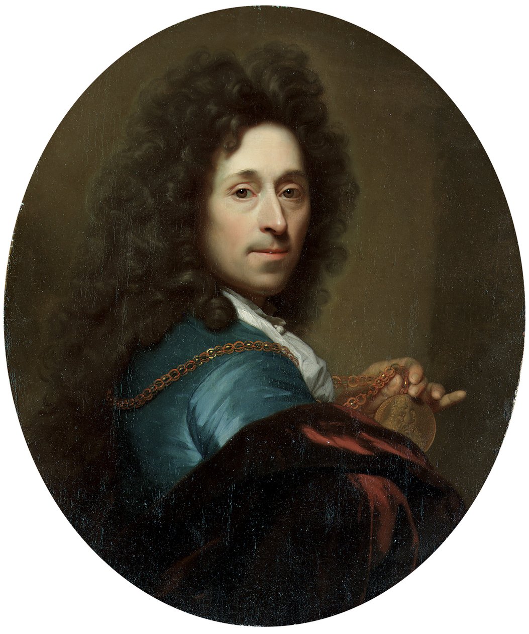 A kékkabátos, barna bársonyköpenyben viselő művész portréja, Johann Wilhelm választófejedelem medáljával alkotó: Godfried Schalcken
