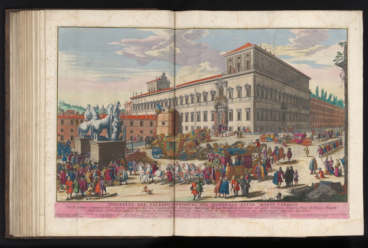 Piazza del Quirinale te Róma A Monte Cavallo néven ismert Quirinale-i pápai palota tájékoztatója (cím a tárgyon) alkotó: Gommarus Wouters