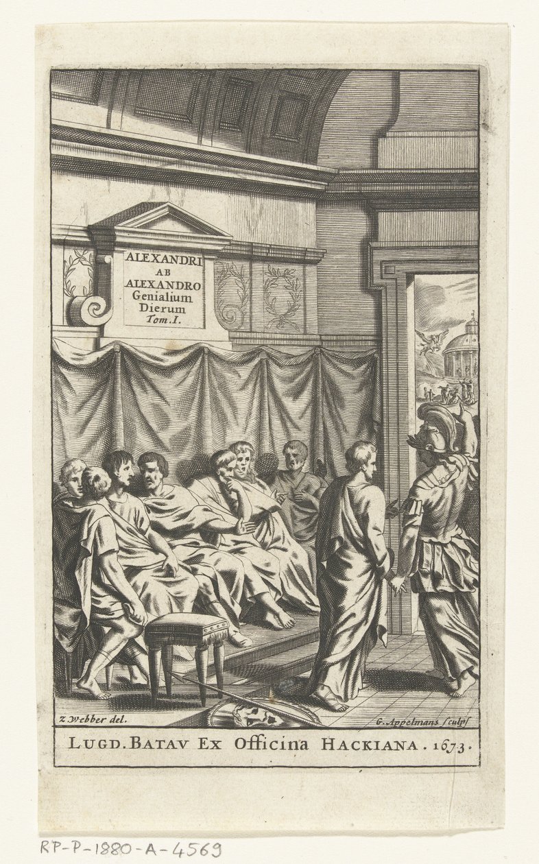 Titelpagina voor Alexander ab Alexander, Genialium dierum, deel 1, 1673 alkotó: Gonsales Appelmans (attributed to)