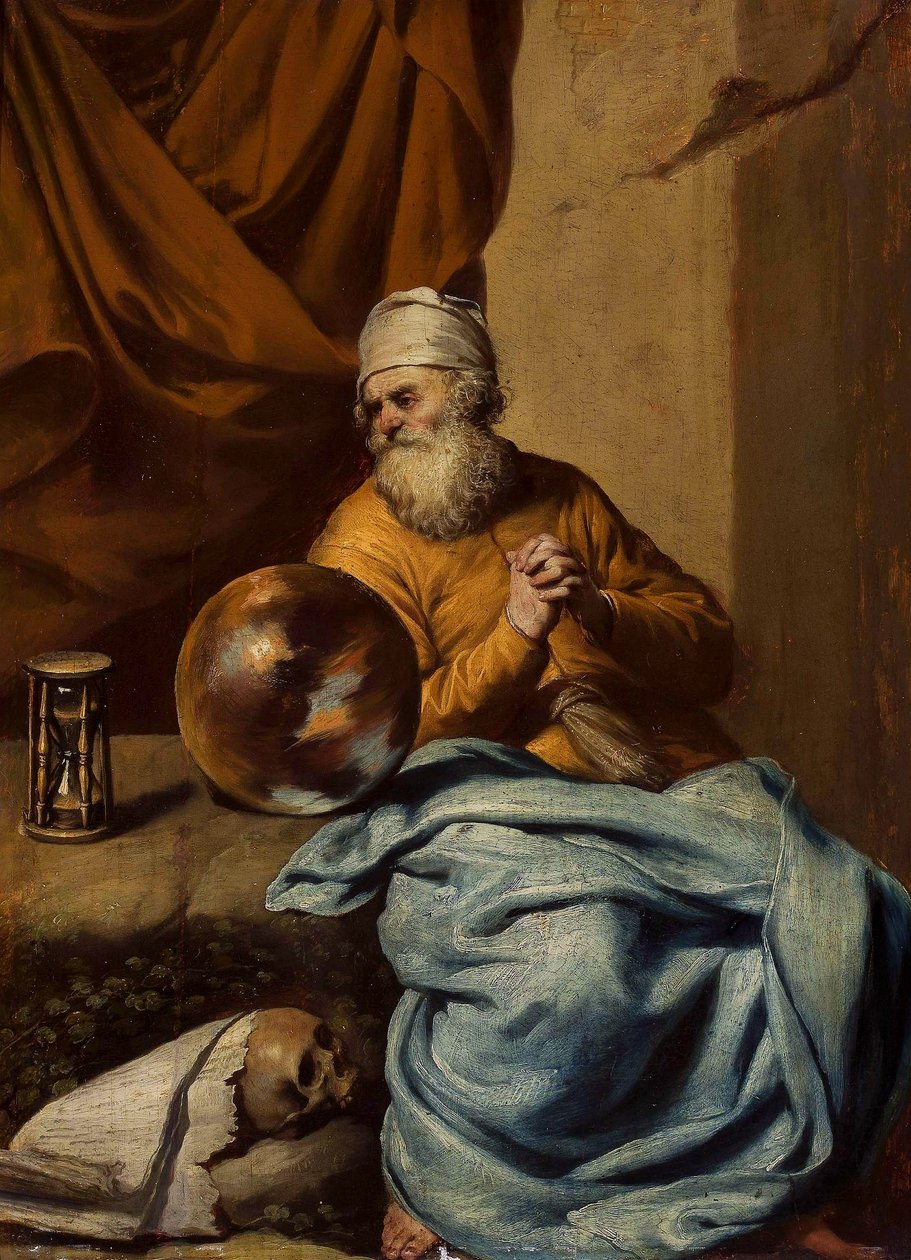 Öregember gömbbel, homokórával, koponyával és könyvekkel (Vanitas) alkotó: Gonzales Coques