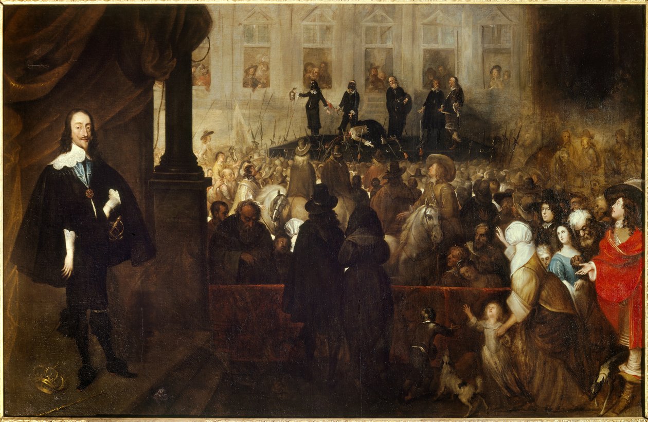 I. Károly kivégzése a Whitehall Square-en (a londoni White Hall). I. Stuart Károly (1600-1649) Anglia, Skócia és Írország királya 1625 és 1649 között az első angol forradalom idején. Gonzales Hulls festménye (1614-1684) Ec. Nagyzolás. alkotó: Gonzales Coques