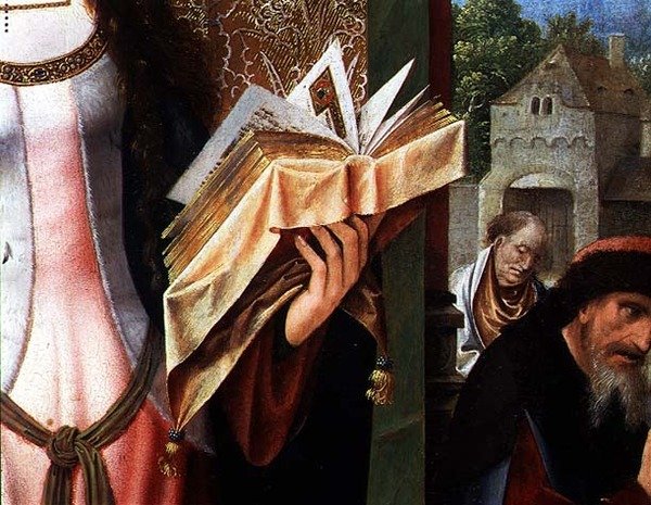 Szent Katalin és a filozófusok, az imakönyv részlete (olaj, tábla) (80755 részlet) alkotó: Goossen van der Weyden