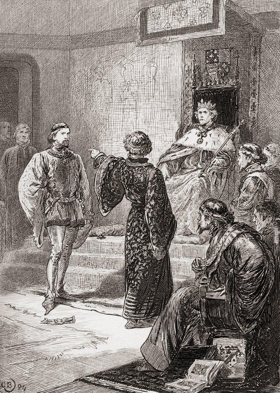 Jelenet William Shakespeare II. Richárd király című művéből, 1. felvonás, 1. jelenet, Bolingbroke: Sápadt, remegő gyáva, ott dobom a mércét, William Shakespeare műveiből, 1896. alkotó: Gordon Frederick Browne