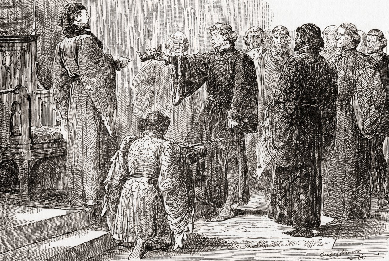Jelenet William Shakespeare II. Richárd király című művéből, IV. felvonás, 1. jelenet, Richard király: Tessék, unokatestvére, ragadd meg a koronát, William Shakespeare műveiből, 1896-ban. alkotó: Gordon Frederick Browne