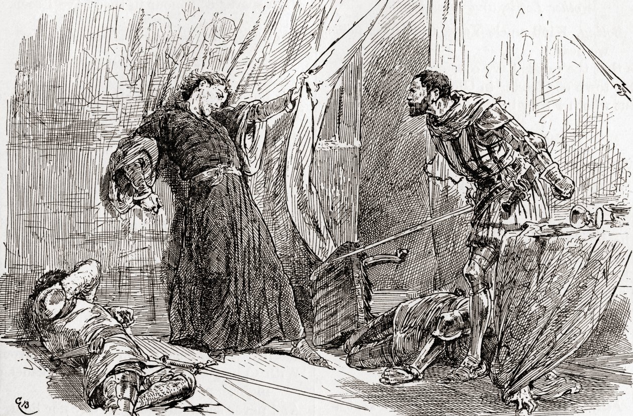 Jelenet William Shakespeare II. Richárd király című művéből, V. felvonás, 5. jelenet, Richard király: Exton, a te heves kezed a királyok vérével szennyezte a királyok földjét, William Shakespeare műveiből, publ. alkotó: Gordon Frederick Browne