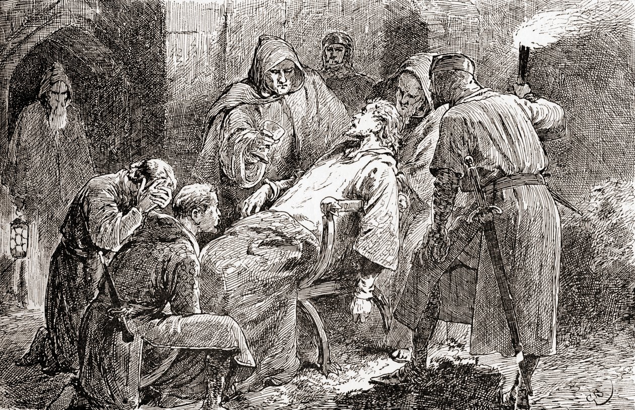 Jelenet William Shakespeare János király című drámájából, V. felvonás, 7. jelenet, King John: Poisoned, rosszul fare, halott, elhagyott, kidobott, William Shakespeare műveiből, 1896. alkotó: Gordon Frederick Browne