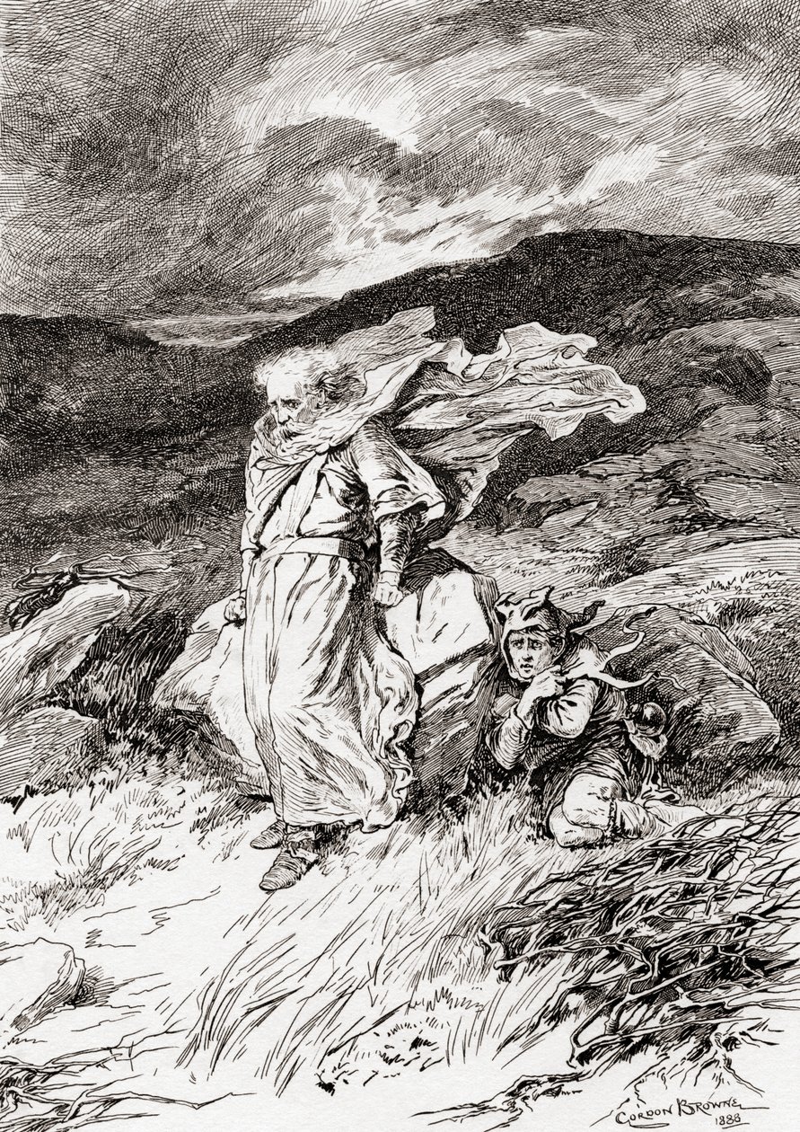 Jelenet William Shakespeare Lear király című drámájából, III. felvonás, 2. jelenet, Lear: Nem, én leszek minden türelem mintája, nem mondok semmit, William Shakespeare műveiből, 1896-ban (metszet) alkotó: Gordon Frederick Browne