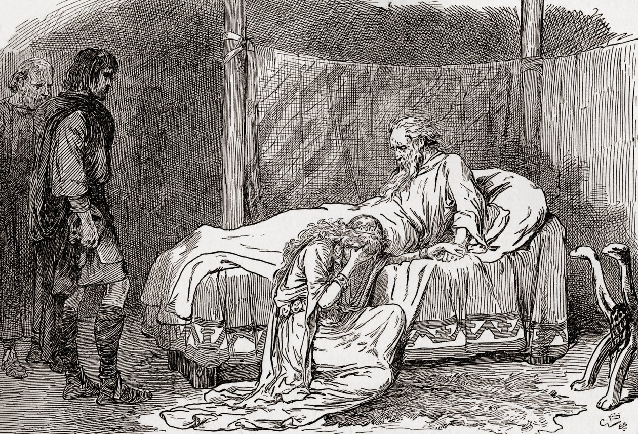 Jelenet William Shakespeare Lear király című drámájából, IV. felvonás, 7. jelenet, Lear: Imádkozom, ne sírj. Ha méreg van a számomra, megiszom. Tudom, hogy nem szeretsz, mert a nővéreid szerették, ahogy emlékszem alkotó: Gordon Frederick Browne