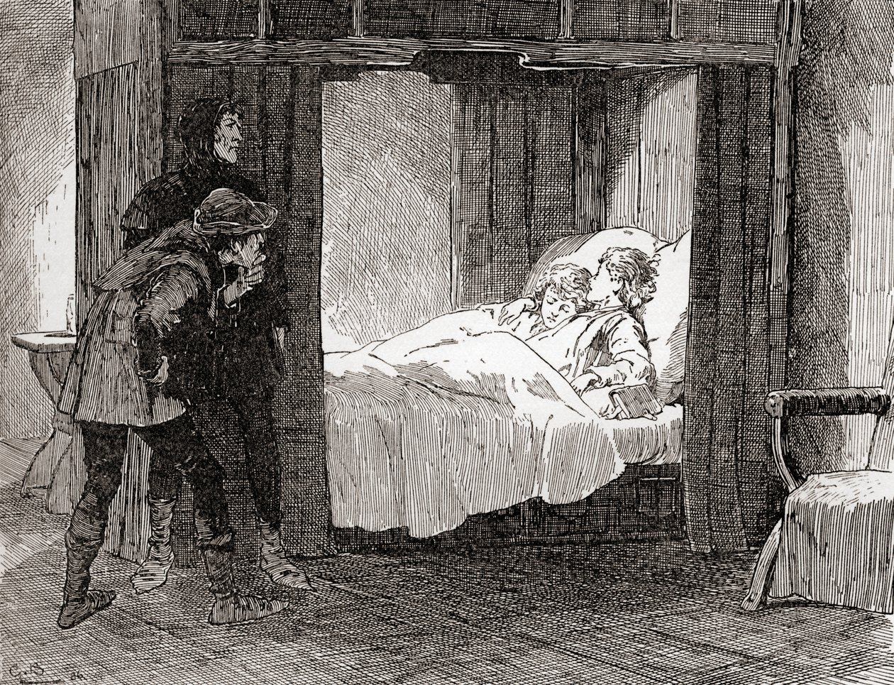 Jelenet William Shakespeare III. Richárd király című darabjából, IV. felvonás, 3. jelenet, Tyrrell: Így, így, mondta Dighton, fektesd szelíd csecsemőidet - Így, így, mondta Forrest, egymást övezve alabástromjukban... alkotó: Gordon Frederick Browne