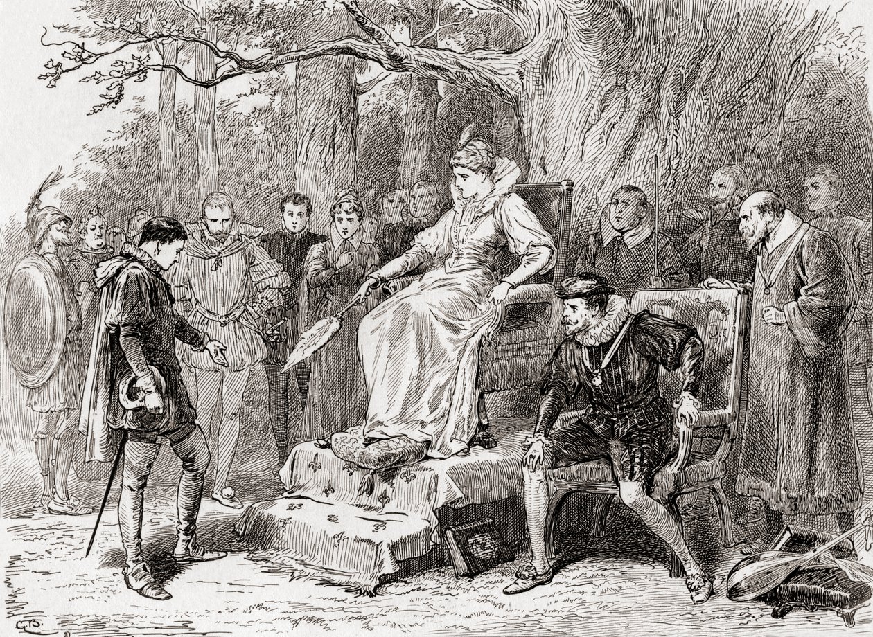 Egy jelenet William Shakespeare Loves Labours Lost című darabjából, V. felvonás, 2. jelenet, Mercade: William Shakespeare 1896-ban megjelent műveiből. alkotó: Gordon Frederick Browne