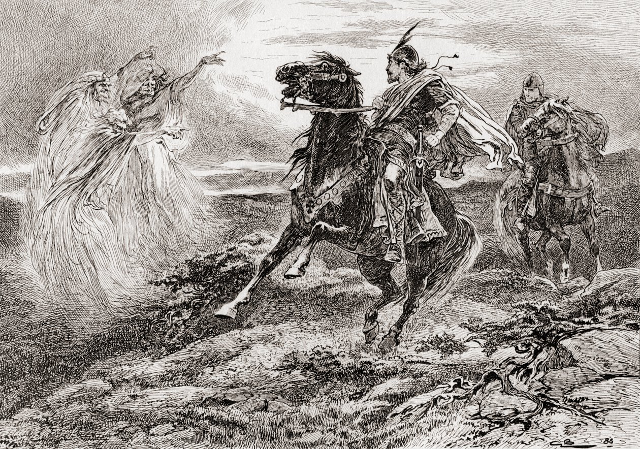 Jelenet William Shakespeare Macbeth című drámájából, I. felvonás, 3. jelenet, Első boszorkány: Minden jót, Macbeth! Üdvözöllek, Glamis Tane, William Shakespeare műveiből, 1896 alkotó: Gordon Frederick Browne