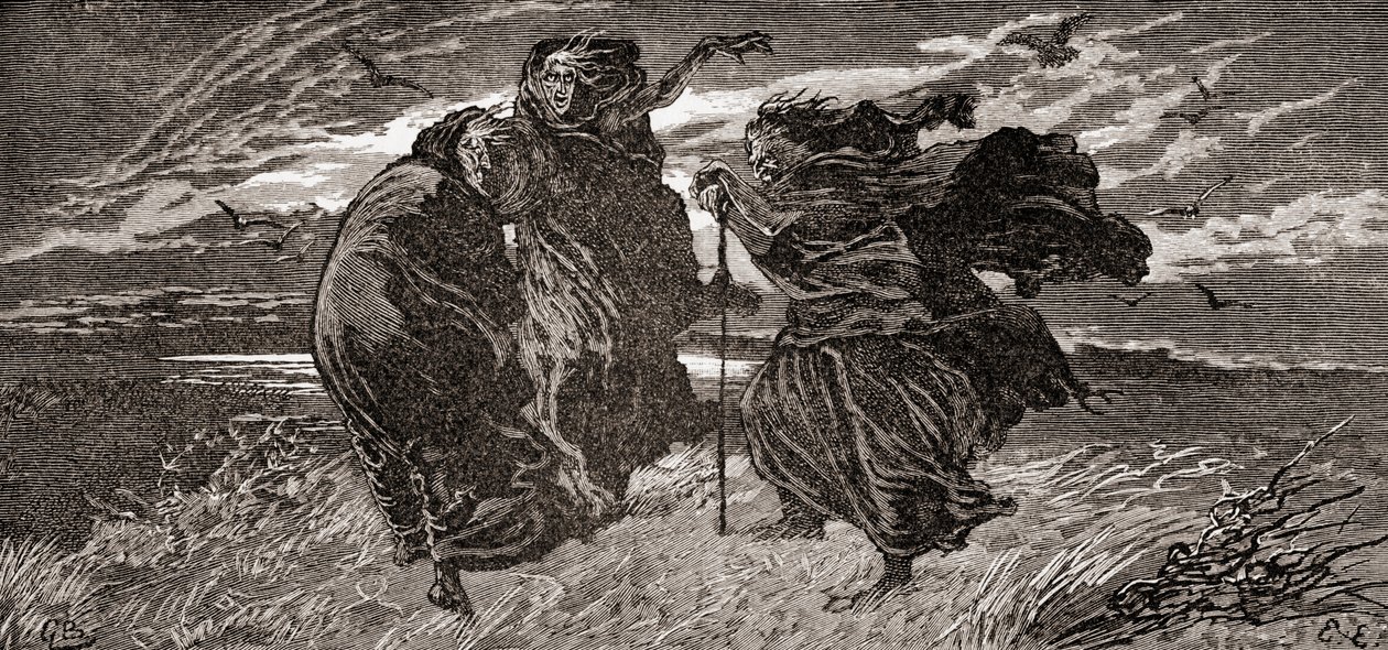 Jelenet William Shakespeare Macbeth című drámájából, I. felvonás, I. jelenet, Első boszorkány: Mikor találkozunk újra, mennydörgésben, villámlásban vagy esőben?, William Shakespeare műveiből, 1896-ban. alkotó: Gordon Frederick Browne