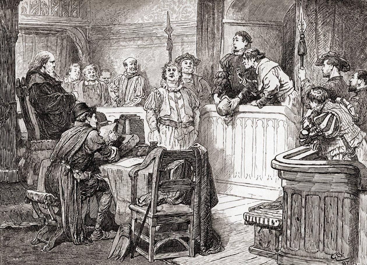 Jelenet William Shakespeare Mérték a mértékért című drámájából, II. felvonás, 1. jelenet, Pompey Bum: Lát a becsületed valami kárt az arcában?, William Shakespeare műveiből, 1896. alkotó: Gordon Frederick Browne