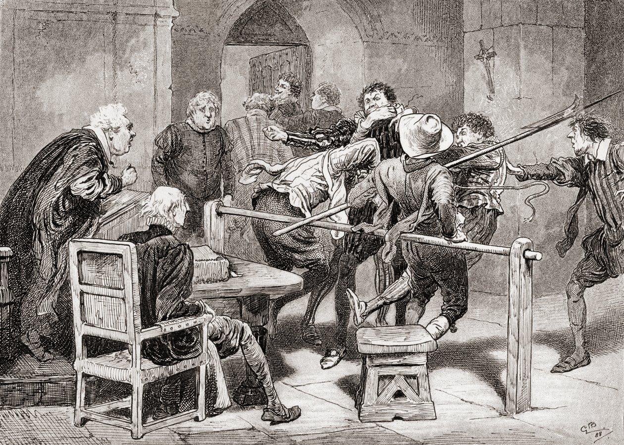Jelenet William Shakespeare Sok háborgás a semmiért című drámájából, IV. felvonás, 2. jelenet, Dogberry: Nem gyanakodsz a helyemre? Nem gyanítod az éveimet? William Shakespeare műveiből, publikáld alkotó: Gordon Frederick Browne