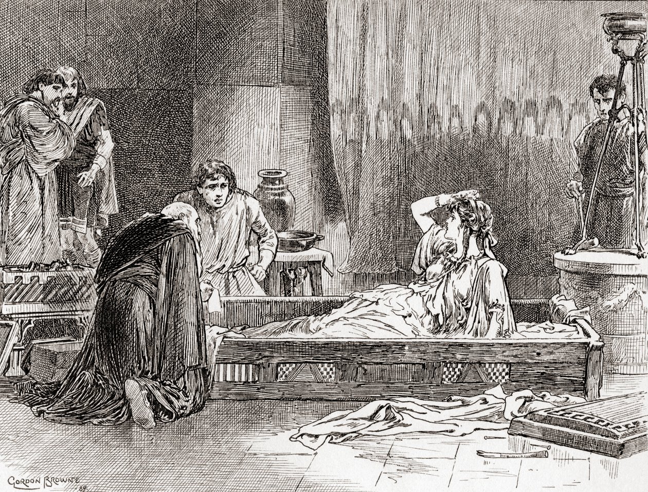 Jelenet William Shakespeare Periklész, Tyrosz hercege című drámájából, III. felvonás, 2. jelenet, Thaisa: Ó, kedves Diana, hol vagyok? Hol van az én uram? Milyen világ ez? William Shakespeare műveiből, adják ki alkotó: Gordon Frederick Browne