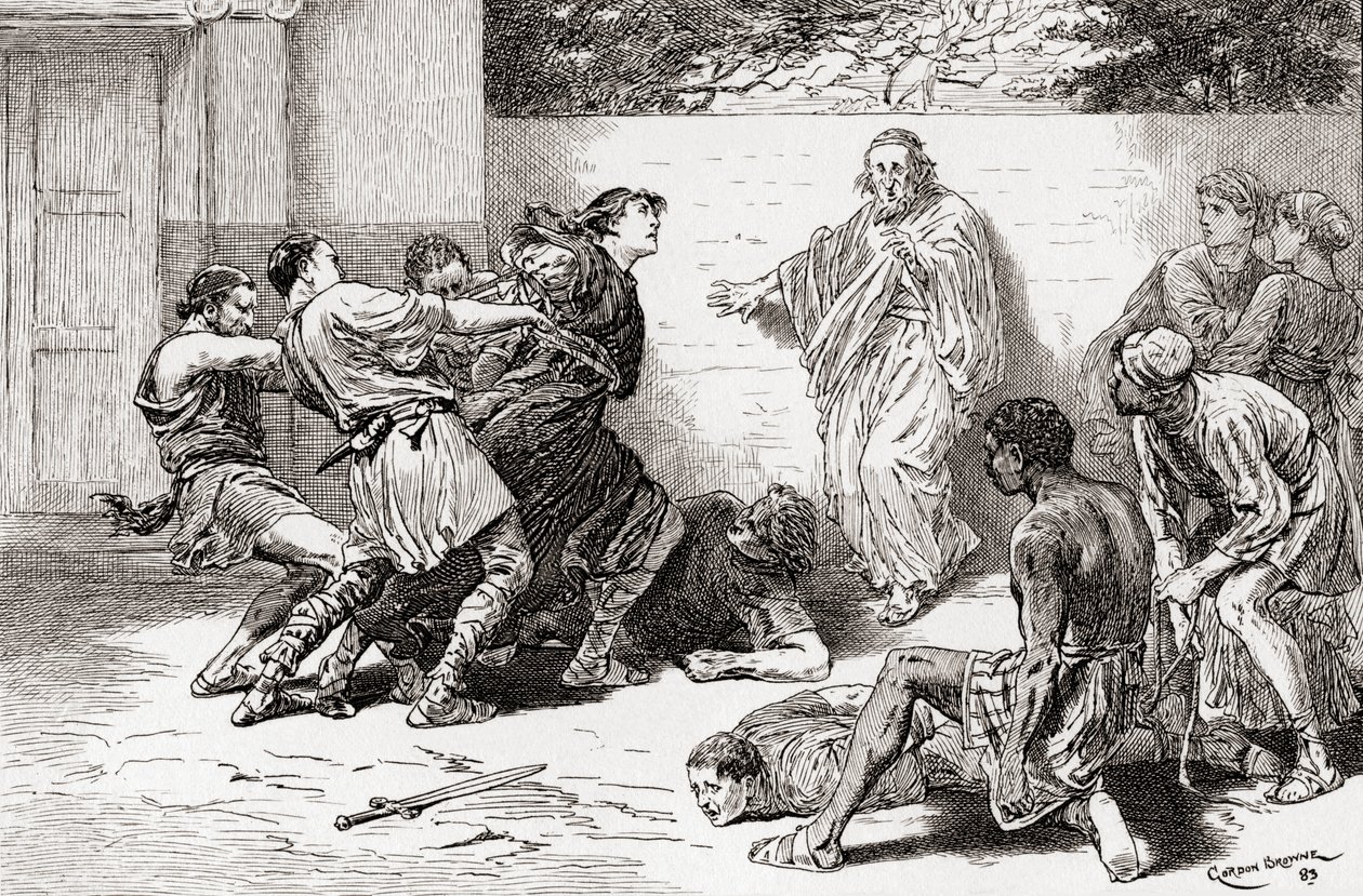 Egy jelenet William Shakespeare A tévedések vígjátéka című darabjából, V. felvonás, 4. jelenet, Adriana: Ó, kötözzétek meg, kötözzétek meg, ne jöjjön a közelembe. Csípjen meg: Az ördög erős benne, A világból. alkotó: Gordon Frederick Browne