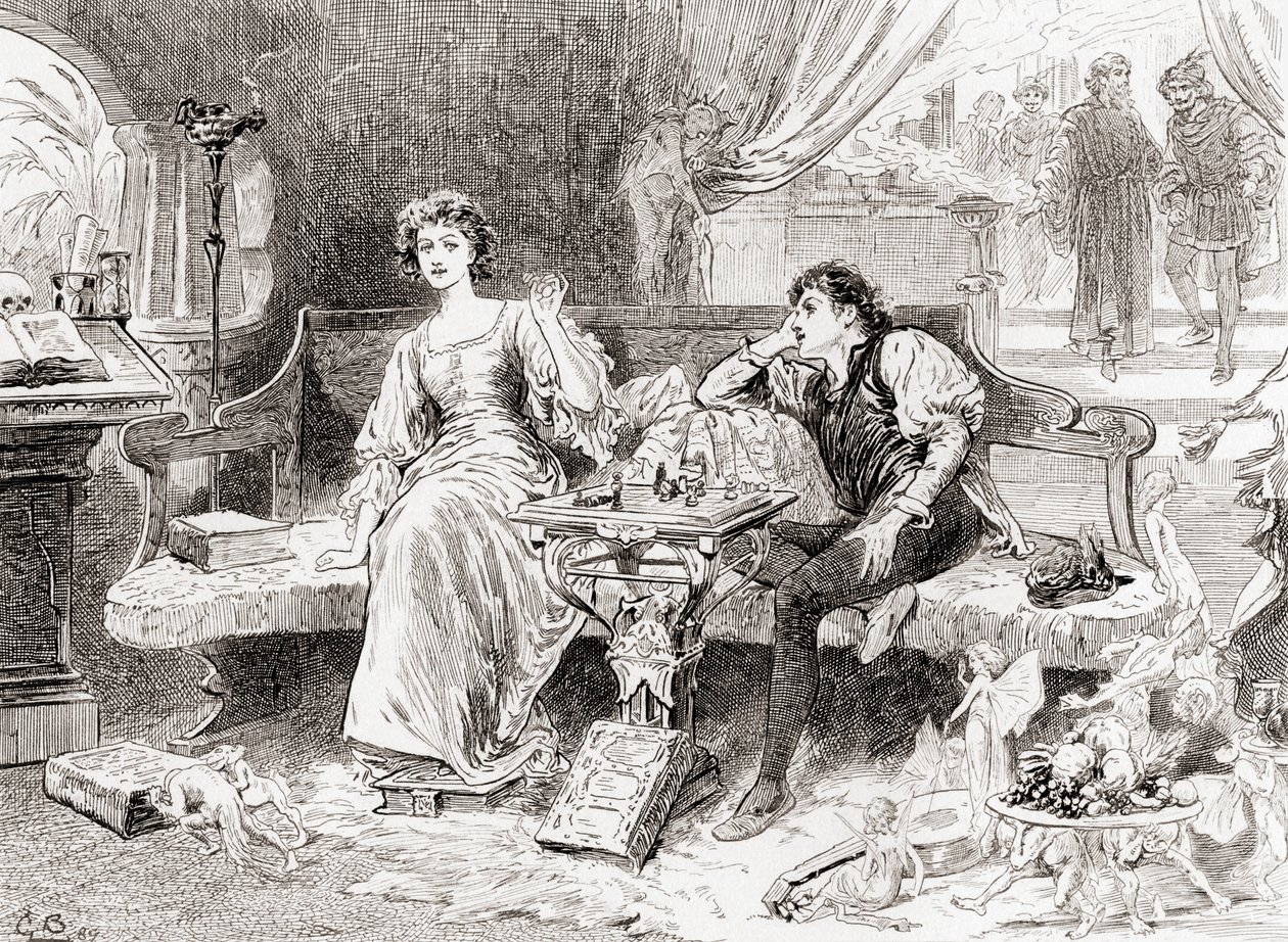 Jelenet William Shakespeare-játékból, A vihar V. felvonás 1. jelenetéből, Miranda: Édes Uram, hamisan játszol, William Shakespeare műveiből, 1896. alkotó: Gordon Frederick Browne