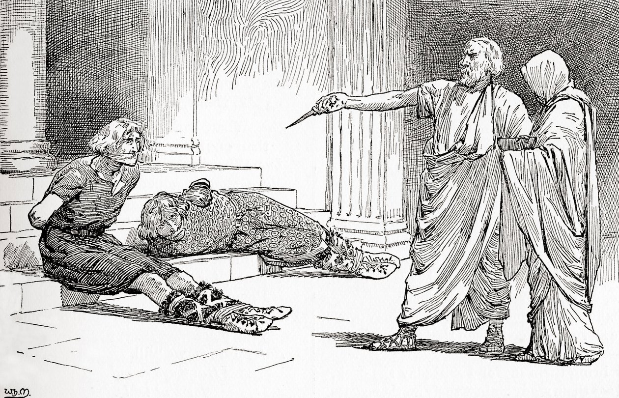 Jelenet William Shakespeare Titus Andronicus című drámájából, V. felvonás, 2. jelenet, Titus: Gyere, gyere, Lavinia, nézd, ellenségeid meg vannak kötve, William Shakespeare műveiből, 1896. alkotó: Gordon Frederick Browne