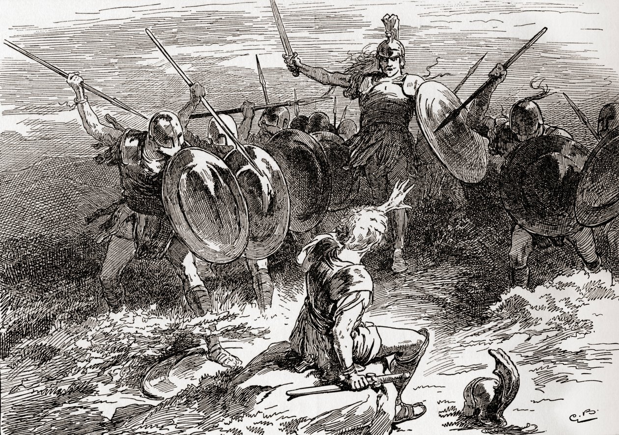 Egy jelenet William Shakespeare Troilus és Cressida című darabjából, V. felvonás, 10. jelenet, Akhilleusz: William Shakespeare 1896-ban megjelent műveiből (metszet). alkotó: Gordon Frederick Browne