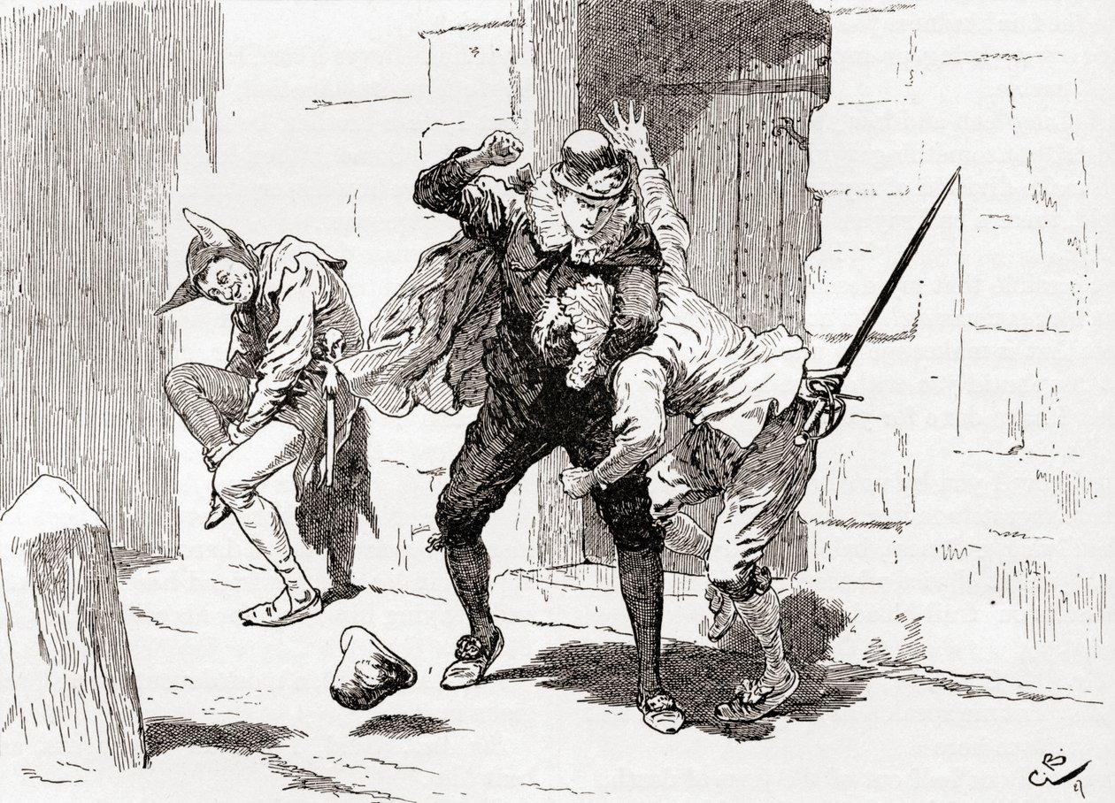 Jelenet William Shakespeare Tizenkettedik éjszaka IV. felvonás című drámájából, 1. jelenet, Sebastian (Sir Andrew megverése): Miért, van neked, és ott, és ott!, William Shakespeare műveiből, 1896-ban megjelent. alkotó: Gordon Frederick Browne