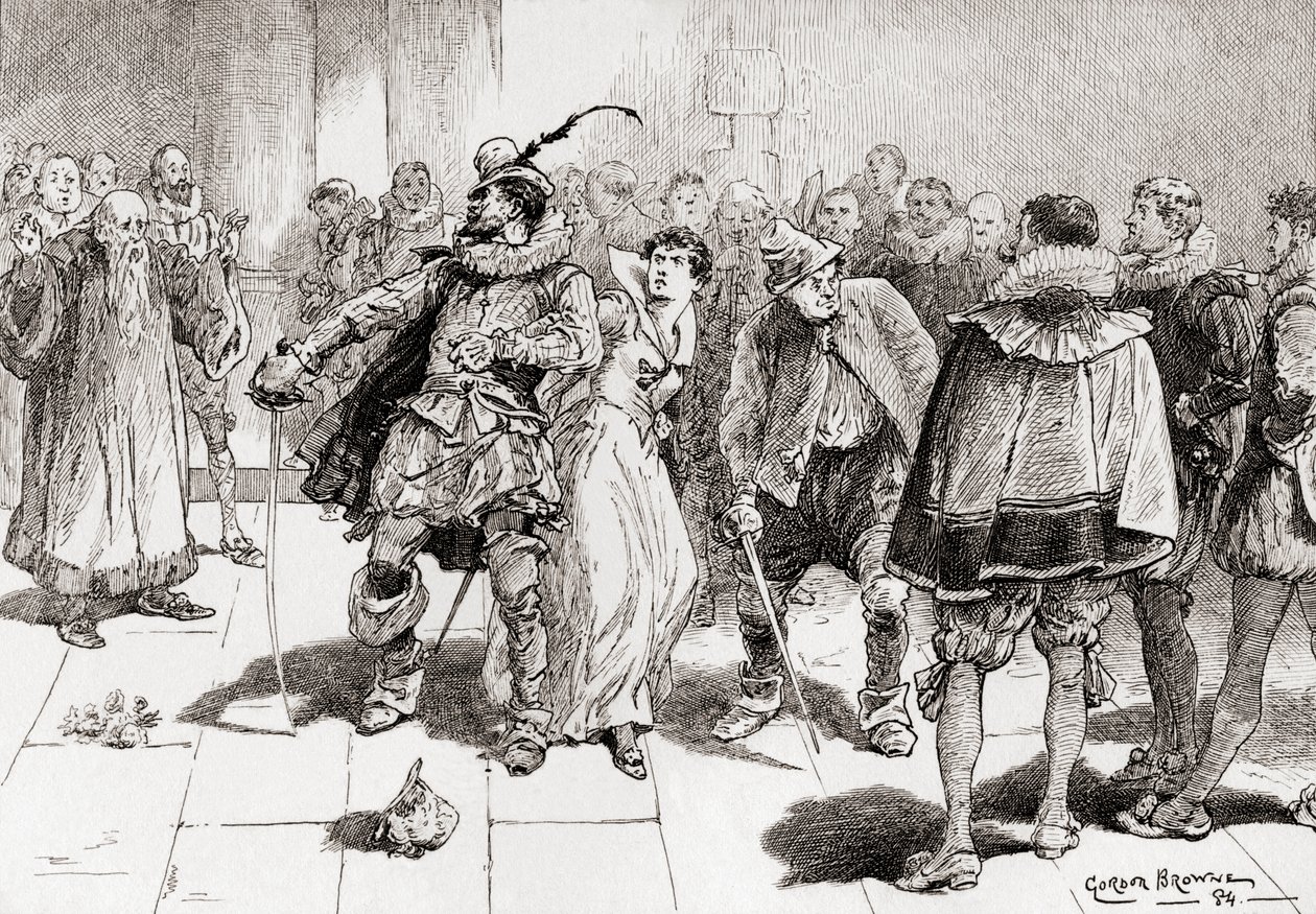 Petruchio: Ne félj, édes leányka, nem fognak hozzád érni, Kate, én téged a millió ellen, Jelenet William Shakespeares A cickány megzabolázása című darabjából, III. felvonás, 2. jelenet, a The Works of alkotó: Gordon Frederick Browne