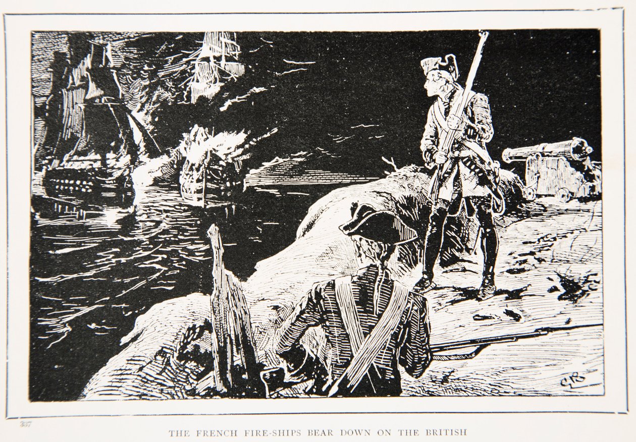 A francia tűzhajók a britekre támadnak, illusztráció G. A. Henty "Wolfe-fal Kanadában, vagy egy kontinens megnyerése" című könyvéből. Blackie and Son Ltd, 1887 alkotó: Gordon Frederick Browne