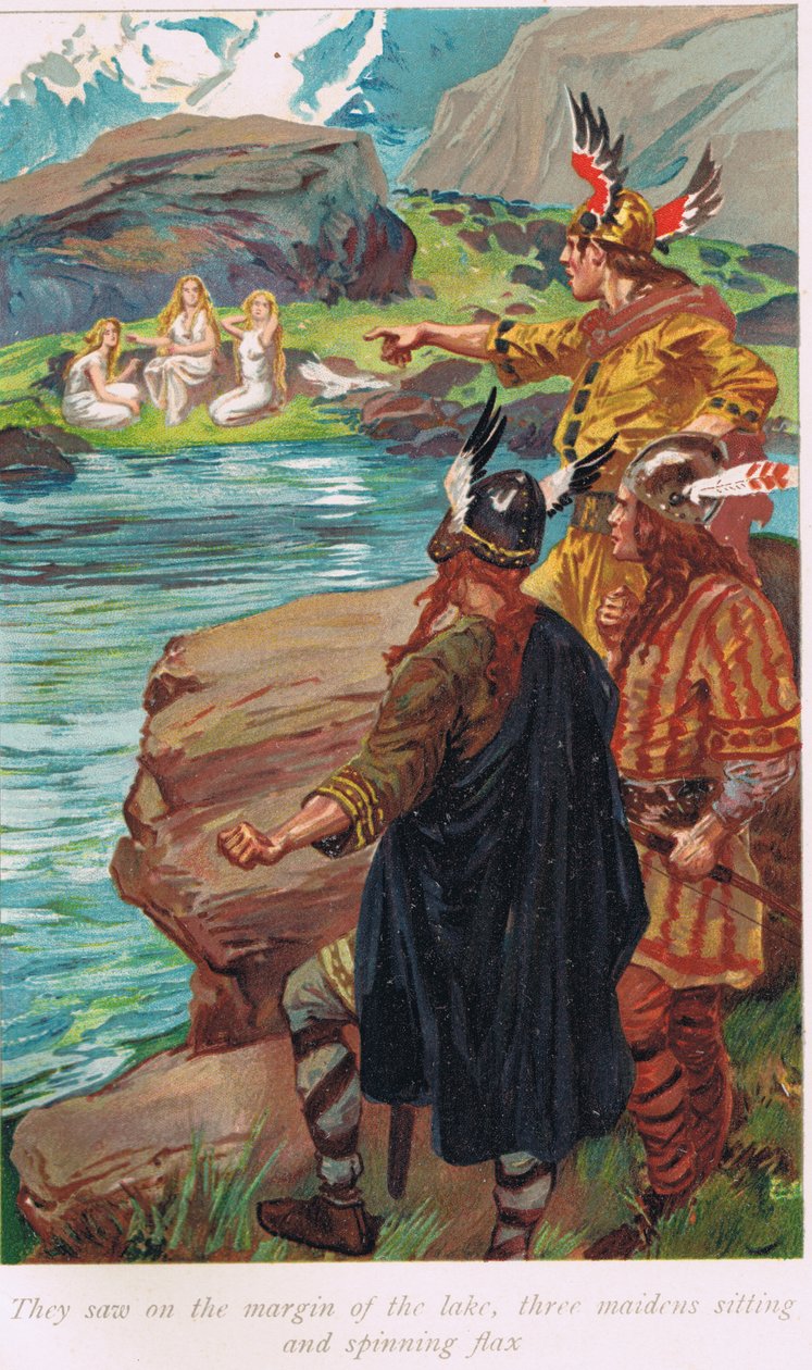 Látták a tó partján három leányzót ülve és lenfonatot fonni, illusztrációt Alice S. Hoffman 1926-ban megjelent „The Book of Sagas”-jából. alkotó: Gordon Frederick Browne