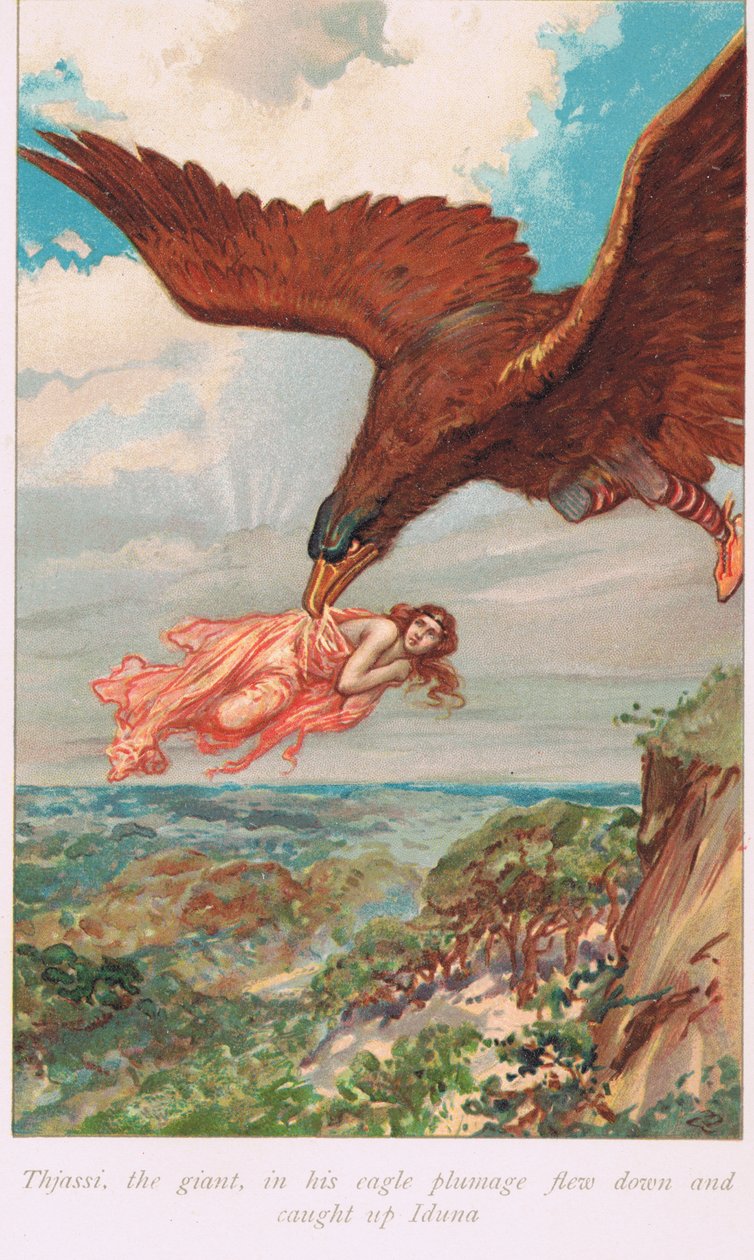 Thjassi, az óriás sastollasban, leszállt és felkapta Idunát, illusztráció Alice S. Hoffman "The Book of Sagas" című, 1926-ban megjelent kötetéből. alkotó: Gordon Frederick Browne