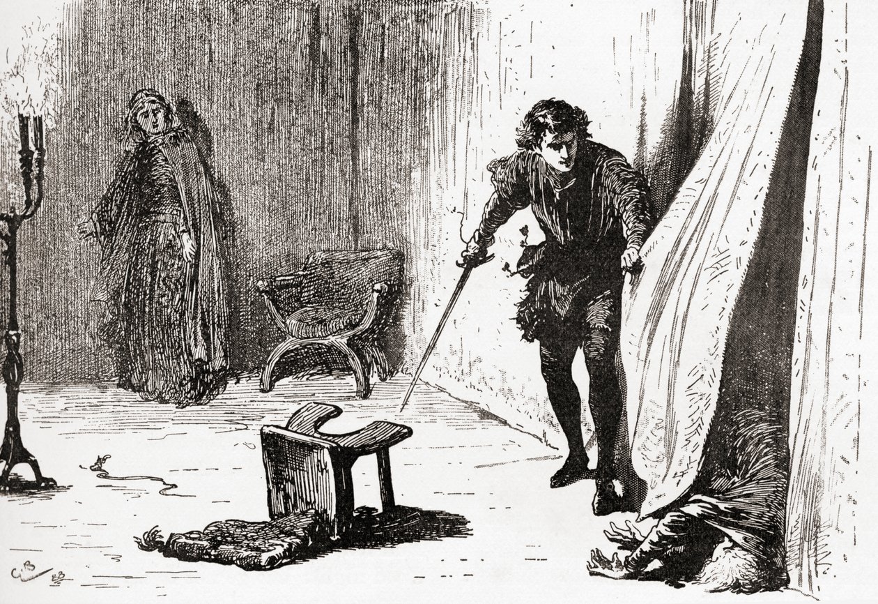 Jelenet William Shakespeare Hamlet című darabjából, III. felvonás, 4. jelenet, Hamlet: Te nyomorult, kiütéses, betolakodó bolond, viszlát! A 189-ben megjelent The Works of William Shakespeare-ből jobbára vettelek téged alkotó: Gordon Frederick Browne