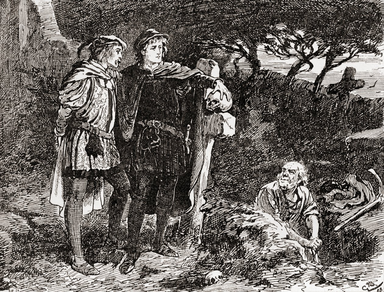 Jelenet William Shakespeare Hamlet című drámájából, V. felvonás, 1. jelenet, Hamlet: Ismerem őt, Horatio, a végtelen tréfa fickója, a legkiválóbb fantázia, az 1896-ban megjelent William Shakespeare műveiből (e) alkotó: Gordon Frederick Browne