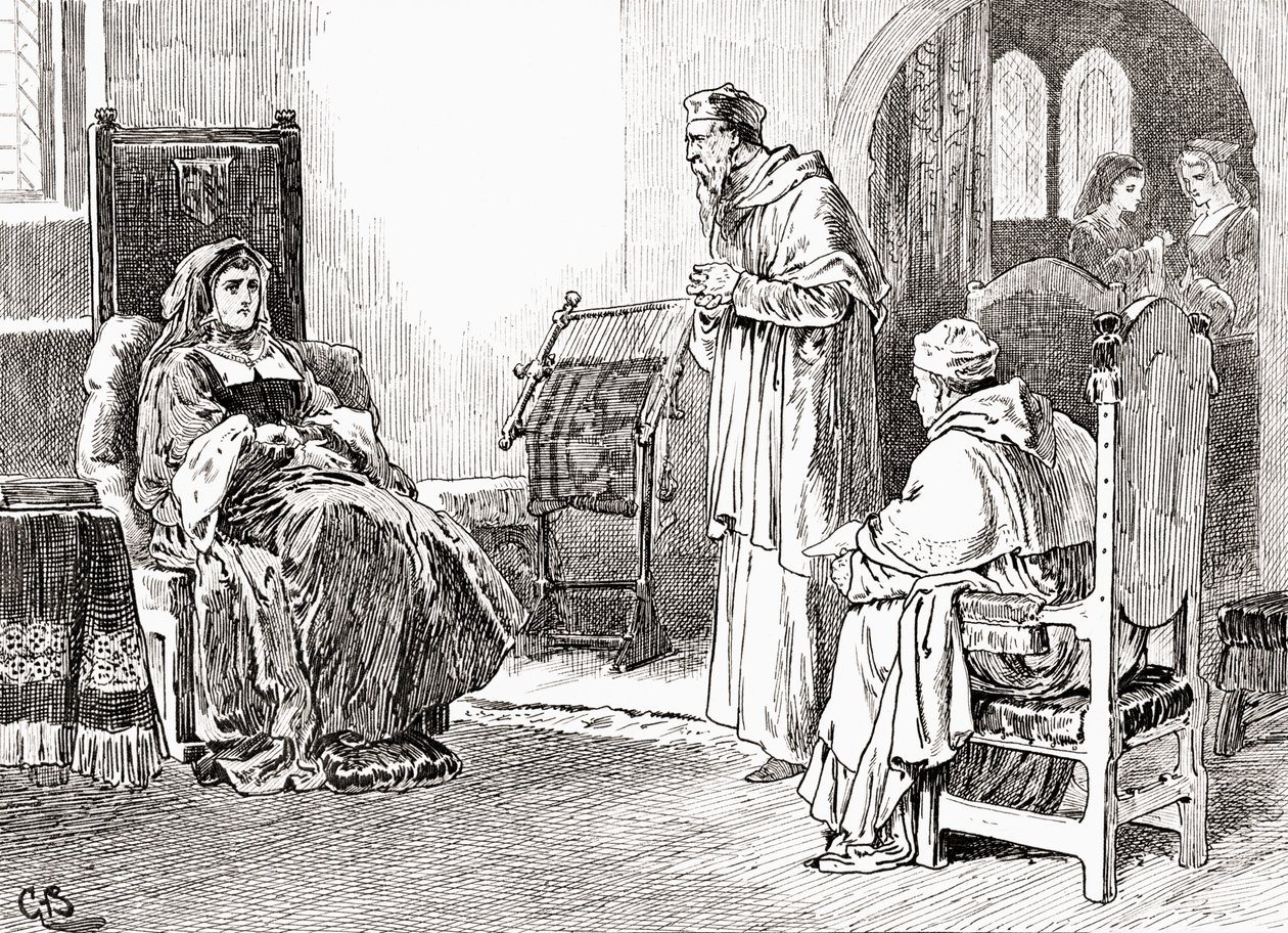 Jelenet William Shakespeare VIII. Henrik király drámájából, III. felvonás, 1. jelenet, Katalin királynő: Tegyetek, amit akartok, uraim, és imádkozzatok, bocsássatok meg nekem, ha modortalanul viselkedtem, William Sha műveiből alkotó: Gordon Frederick Browne