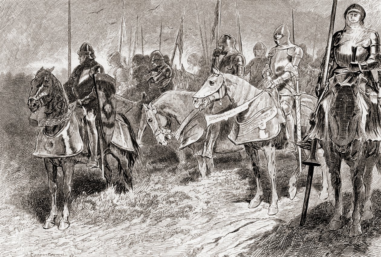 Jelenet William Shakespeares V. Henrik király című színművéből, IV. felvonás, 2. jelenet, Lord Grandpré: A lovasok rögzített gyertyatartókként ülnek fáklyatartókkal a kezükben, William Shakespeare műveiből, pu alkotó: Gordon Frederick Browne