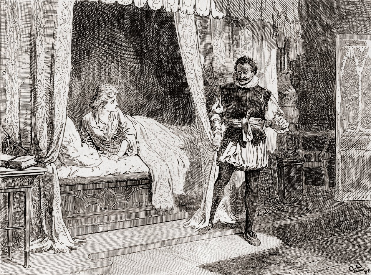 Jelenet William Shakespeare Othello V. felvonásából, 2. jelenet, Desdemona: Gyilkolásról beszélsz? Othello: Ay I do, William Shakespeare műveiből, 1896-ban alkotó: Gordon Frederick Browne