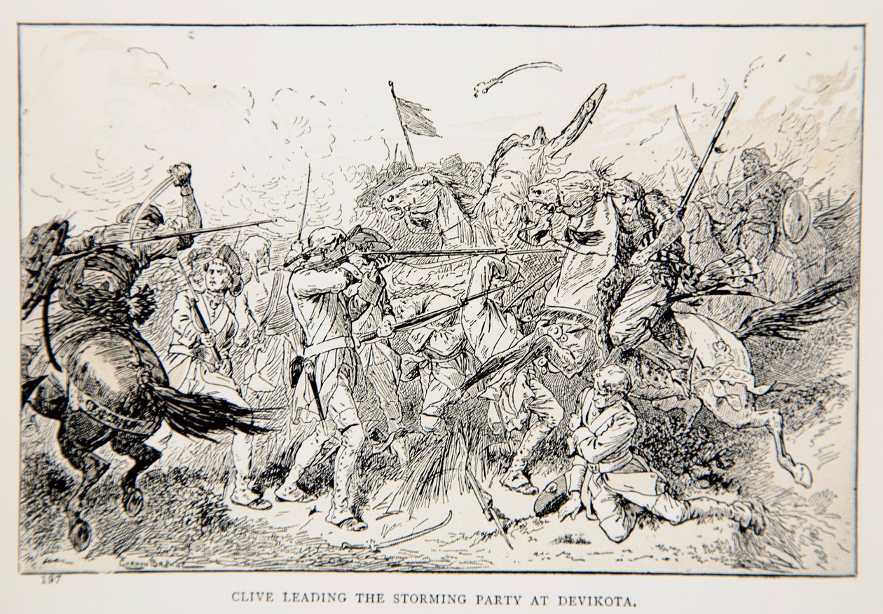 Clive vezeti a viharos partit Devikotában, illusztrációja G.A. „Clive-vel Indiában, avagy egy birodalom kezdetei” című filmből. Henty, kocsma. London, 1884 alkotó: Gordon Frederick Browne