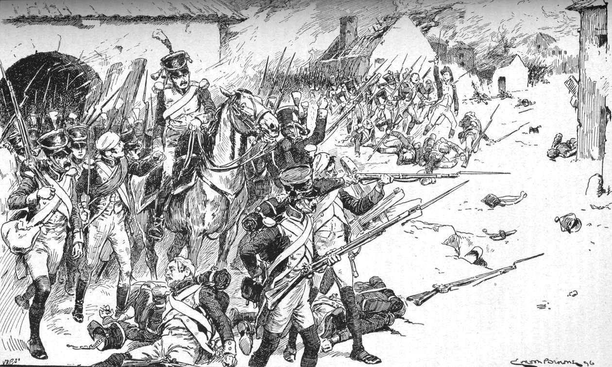 Oszlop az oszlop után kényszerítette az utat a faluba, csak vissza kell lökni, 1896, 1902 alkotó: Gordon Frederick Browne