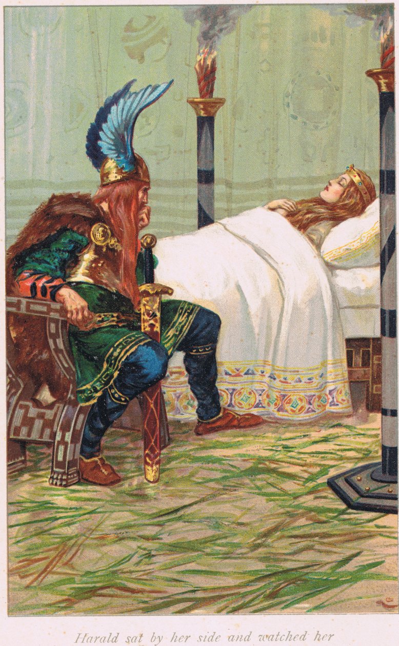 Harald mellette ült és figyelte őt, illusztráció Alice S. Hoffman 1926-ban megjelent "The Book of Sagas" című könyvéből. alkotó: Gordon Frederick Browne